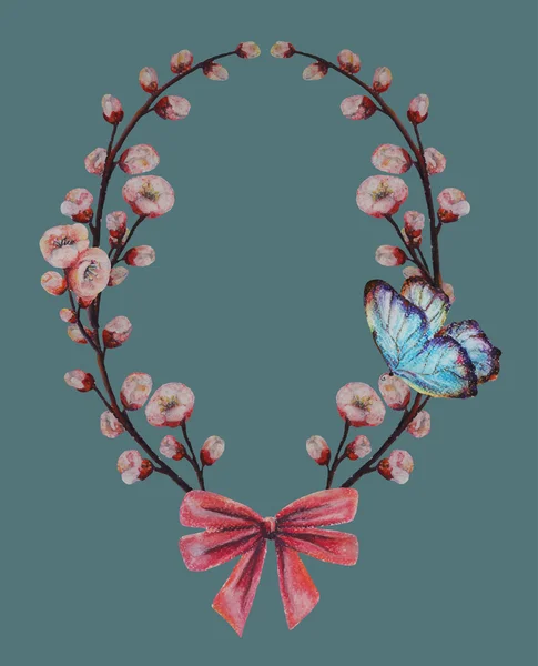 Schmetterling mit handgezeichnetem Blumenkranz — Stockvektor