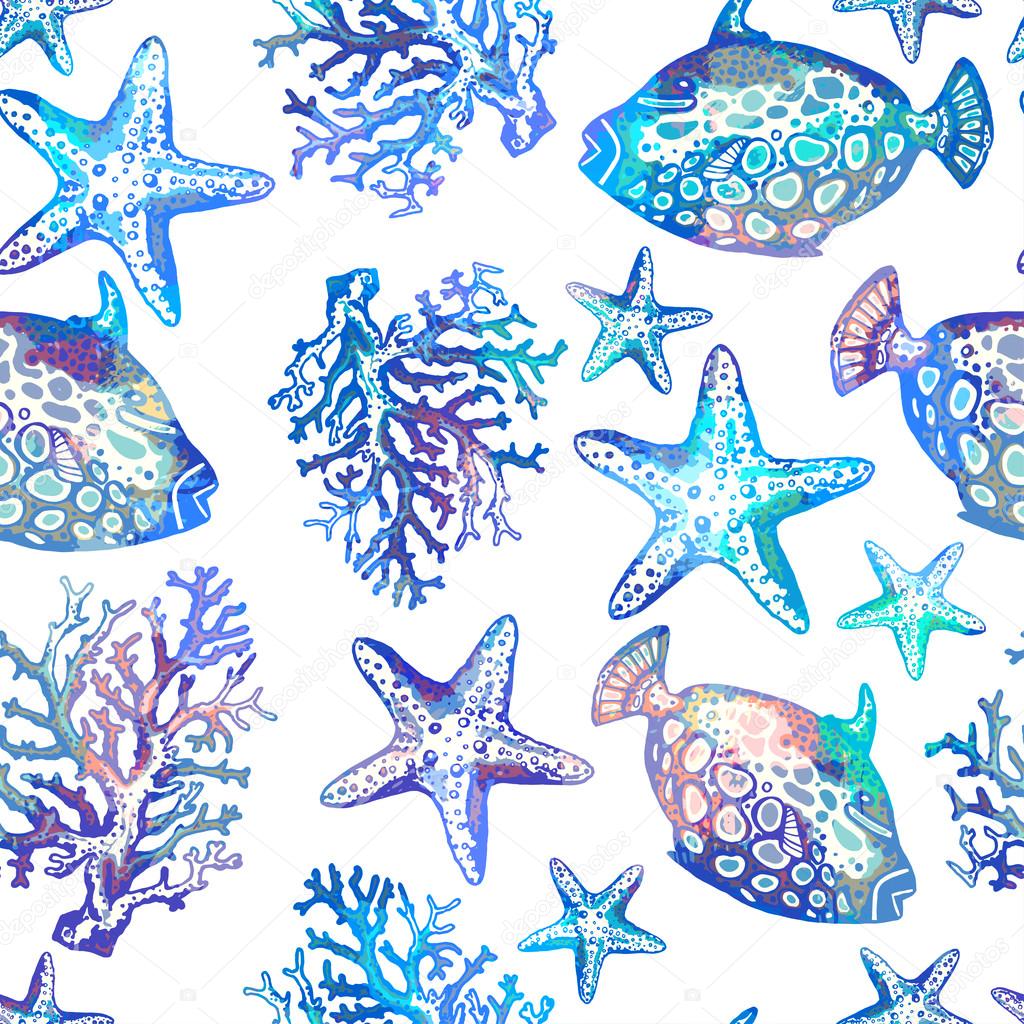 marine fish, corals and starfish pattern