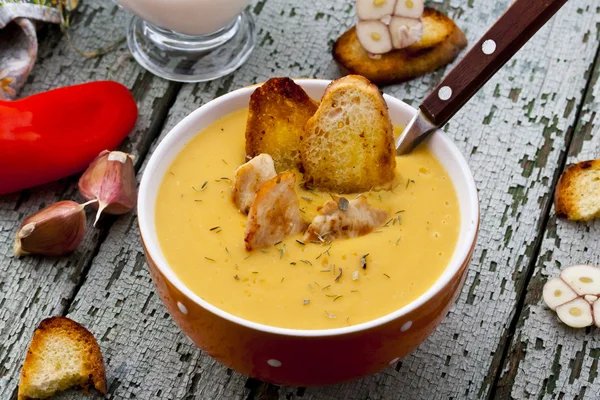 Soup with lentils, chicken, thyme and croutons — Stock Image Soup with lentils, chicken, thyme and croutons Royalty Free Stock Photos