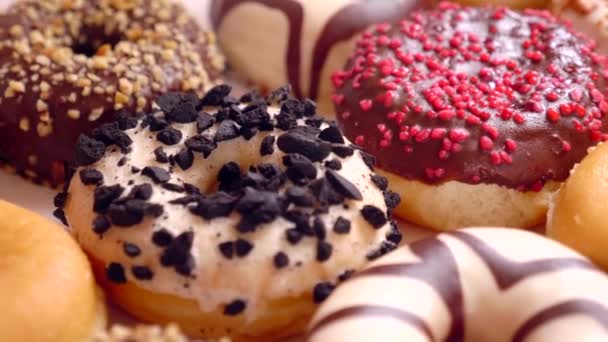 Асортимент Пончиків Різних Смаків Коробці — стокове відео