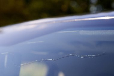 Mavi çatılı bir arabanın ön camında büyük çatlaklar var. Dolu ve taş çarpması sonucu oluşmuş. Düşük açı görünümü.