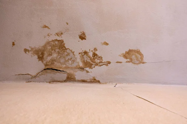 Brown stains on the ceiling in a residential building. Defective sewage pipe causes water damage. Remedial work and building drying are the following measures. Closeup.