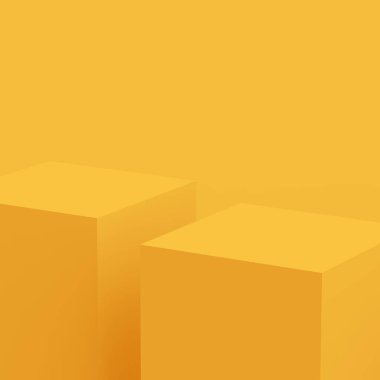 3D sarı podyum sahnesi stüdyo arkaplanı çok az. Soyut 3d geometrik şekil çizimi. Yaz tatili ürünleri için görüntü.