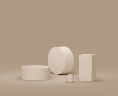 3D kahverengi kremalı sahne podyumu stüdyo arka planında modern tasarım. Soyut 3d geometrik şekil çizimi. Kozmetik moda ürünleri için görüntü. Doğal renk tonları.