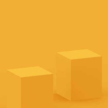 3D sarı podyum sahnesi stüdyo arkaplanı çok az. Soyut 3d geometrik şekil çizimi. Yaz tatili ürünleri için görüntü.