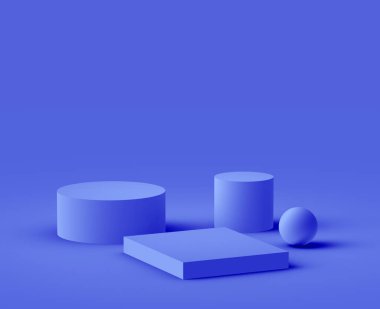 3D kraliyet mavi ve mor platform minimal stüdyo arkaplan. Soyut 3d geometrik şekil çizimi. Kozmetik ve güzellik ürünleri için görünüm.