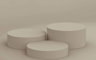 3D kahverengi silindir podyum stüdyo arkaplanı. Soyut 3d geometrik şekil çizimi. Kozmetik parfüm ürünleri için görünüm.