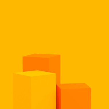 3D sarı turuncu renkli küp kare podyum minimum stüdyo arkaplanı. Soyut 3d geometrik şekil çizimi. Kozmetik moda ve yaz tatili ürünleri için görüntü. 