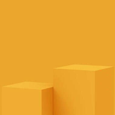 3D sarı podyum sahnesi stüdyo arkaplanı çok az. Soyut 3d geometrik şekil çizimi. Yaz tatili ürünleri için görüntü.