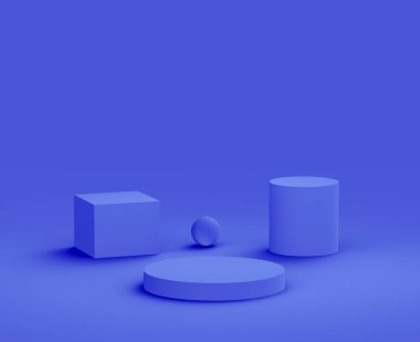 3D kraliyet mavi ve mor platform minimal stüdyo arkaplan. Soyut 3d geometrik şekil çizimi. Kozmetik ve güzellik ürünleri için görünüm.
