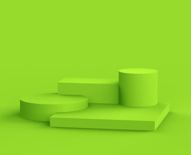 3D yeşil podyum, stüdyo arka planı çok az. Soyut 3d geometrik şekil çizimi. Organik gıda ve ekolojik doğal ürün için görüntü.