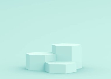 3D mavi altıgen kürsüsü stüdyo arka planı. Soyut 3d geometrik şekil çizimi. Teknoloji tıbbi ve bilimsel ürünler için görüntüleme.