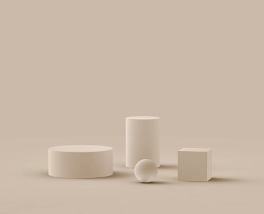 3D kahverengi kremalı sahne podyumu stüdyo arka planında modern tasarım. Soyut 3d geometrik şekil çizimi. Kozmetik moda ürünleri için görüntü. Doğal renk tonları.