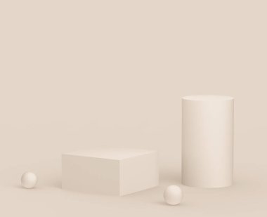 3D kahverengi kremalı sahne podyumu stüdyo arka planında modern tasarım. Soyut 3d geometrik şekil çizimi. Kozmetik moda ürünleri için görüntü. Doğal renk tonları.