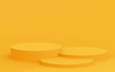 3D sarı silindir podyum minimum stüdyo arkaplanı. Soyut 3d geometrik şekil çizimi. Yaz tatili ürünleri için görüntü.
