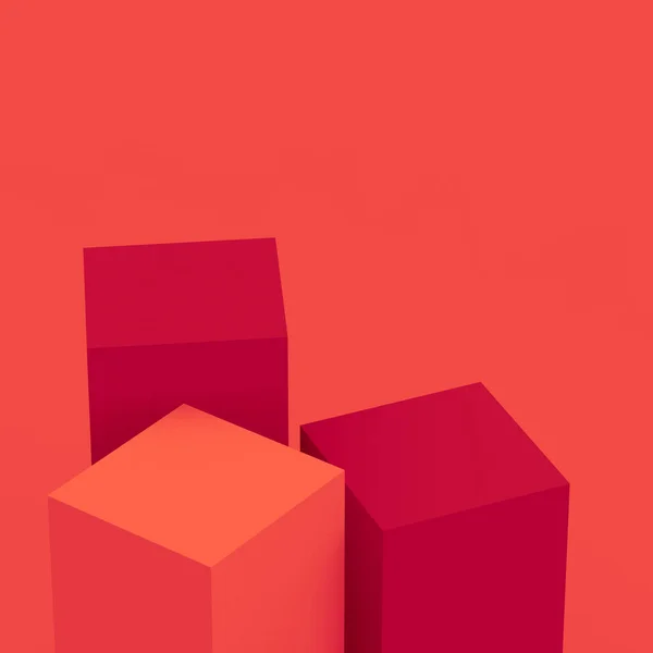 Rote Würfel Quadratischen Podium Minimalen Studio Hintergrund Abstrakte Darstellung Geometrischer — Stockfoto