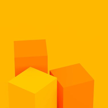 3D sarı turuncu renkli küp kare podyum minimum stüdyo arkaplanı. Soyut 3d geometrik şekil çizimi. Kozmetik moda ve yaz tatili ürünleri için görüntü. 