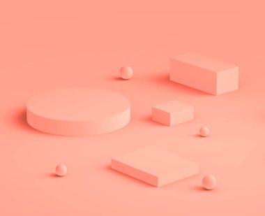 Soyut 3D pembe şeftali platformu minimum stüdyo arka planı. 3 boyutlu geometrik şekil çizimi. Kozmetik ve güzellik ürünleri için görünüm.