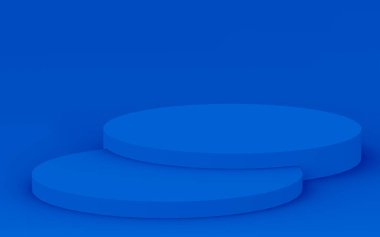 3D mavi silindir podyum minimum stüdyo arkaplanı. Soyut 3d geometrik şekil çizimi. Teknoloji ürünü için görüntüleme.