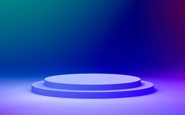 3d mor neon ışıklı silindir podyum minimal stüdyo gradyan koyu renk arka plan. Soyut 3d geometrik şekil çizimi. Gece kulübü partisi ve teknoloji ürünü.