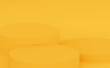 3D sarı silindir podyum minimum stüdyo arkaplanı. Soyut 3d geometrik şekil çizimi. Yaz tatili ürünleri için görüntü.