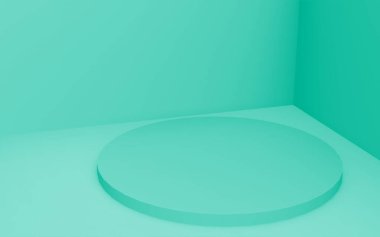 3D yeşil, parlak silindir podyum stüdyo arkaplanı. Soyut 3d geometrik şekil çizimi. Gıda için doğal ürün görüntüsü.