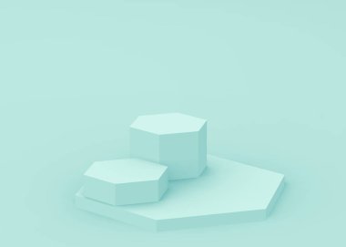 3D mavi altıgen kürsüsü stüdyo arka planı. Soyut 3d geometrik şekil çizimi. Teknoloji tıbbi ve bilimsel ürünler için görüntüleme.