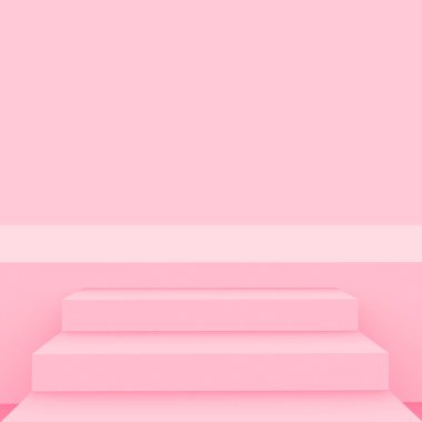 3D pembe küp ve podyum stüdyo arka planı çok az. Soyut 3d geometrik şekil çizimi. Kozmetik moda ve sevgililer günü ürünü. 