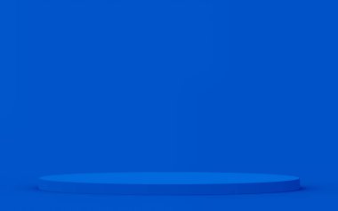 3D mavi silindir podyum minimum stüdyo arkaplanı. Soyut 3d geometrik şekil çizimi. Teknoloji ürünü için görüntüleme.
