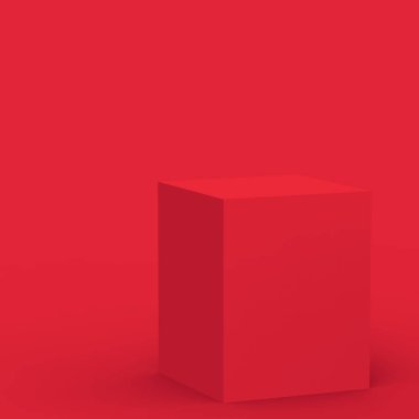 3D kırmızı küp ve küçük podyum sahne stüdyosu arka planı. Soyut 3d geometrik şekil çizimi. Çin Yeni Yıl Tatili ve Mutlu Noeller ürünleri için ekran.