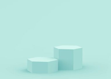 3D mavi altıgen kürsüsü stüdyo arka planı. Soyut 3d geometrik şekil çizimi. Teknoloji tıbbi ve bilimsel ürünler için görüntüleme.