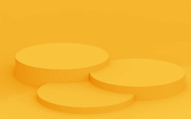 3D sarı silindir podyum minimum stüdyo arkaplanı. Soyut 3d geometrik şekil çizimi. Yaz tatili ürünleri için görüntü.