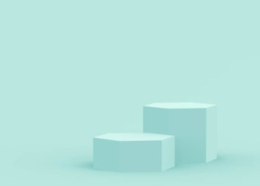 3D mavi altıgen kürsüsü stüdyo arka planı. Soyut 3d geometrik şekil çizimi. Teknoloji tıbbi ve bilimsel ürünler için görüntüleme.