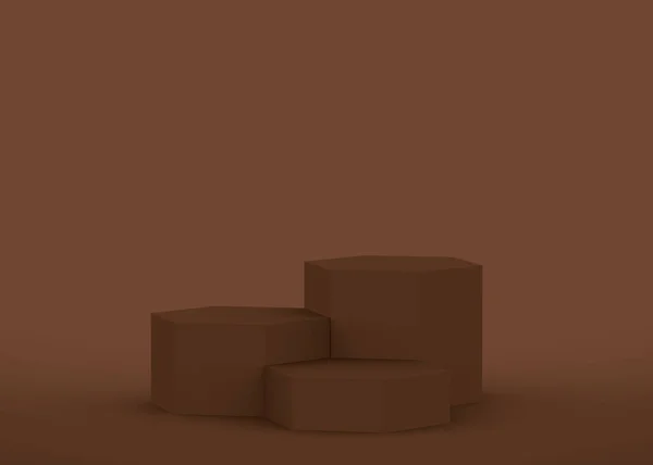3D褐色深色六边形讲台最小工作室背景 摘要三维几何形体图解绘制 展示化妆品 美容和时尚产品 食物及饮品概念 — 图库照片
