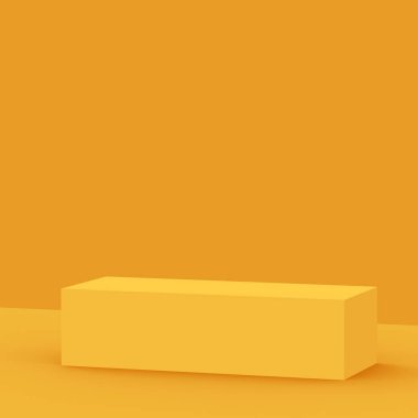 3D sarı podyum sahnesi stüdyo arkaplanı çok az. Soyut 3d geometrik şekil çizimi. Yaz tatili ürünleri için görüntü.
