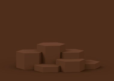 3D kahverengi altıgen podyum stüdyo arka planı. Soyut 3d geometrik şekil çizimi. Kozmetik güzellik ve moda ürünleri için görüntü. Yiyecek ve içecek.. 