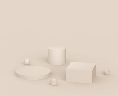 3D kahverengi kremalı sahne podyumu stüdyo arka planında modern tasarım. Soyut 3d geometrik şekil çizimi. Kozmetik moda ürünleri için görüntü. Doğal renk tonları.