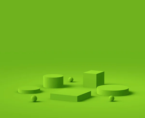 3D yeşil podyum, stüdyo arka planı çok az. Soyut 3d geometrik şekil çizimi. Organik gıda ve ekolojik doğal ürün için görüntü.