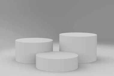 3d gri beyaz silindir podyum minimum stüdyo arkaplanı. Soyut 3d geometrik şekil çizimi çizimi.