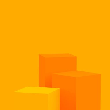 3D sarı turuncu renkli küp kare podyum minimum stüdyo arkaplanı. Soyut 3d geometrik şekil çizimi. Kozmetik moda ve yaz tatili ürünleri için görüntü. 