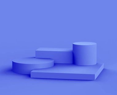 3D kraliyet mavi ve mor platform minimal stüdyo arkaplan. Soyut 3d geometrik şekil çizimi. Kozmetik ve güzellik ürünleri için görünüm.