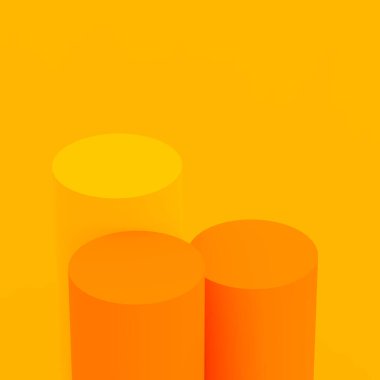 3D sarı turuncu renkli silindir podyum minimal stüdyo arka planı. Soyut 3d geometrik şekil çizimi. Kozmetik parfüm ve yaz tatili ürünleri için görüntü.