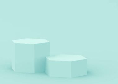 3D mavi altıgen kürsüsü stüdyo arka planı. Soyut 3d geometrik şekil çizimi. Teknoloji tıbbi ve bilimsel ürünler için görüntüleme.