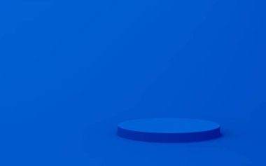 3D mavi silindir podyum minimum stüdyo arkaplanı. Soyut 3d geometrik şekil çizimi. Teknoloji ürünü için görüntüleme.