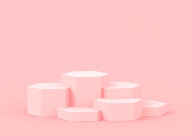 Soyut 3d pembe altıgen podyum minimum stüdyo arkaplanı. 3 boyutlu geometrik şekil çizimi. Kozmetik moda ve sevgililer günü ürünü. 