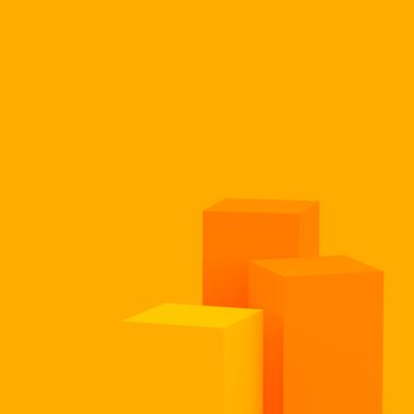 3D sarı turuncu renkli küp kare podyum minimum stüdyo arkaplanı. Soyut 3d geometrik şekil çizimi. Kozmetik moda ve yaz tatili ürünleri için görüntü. 