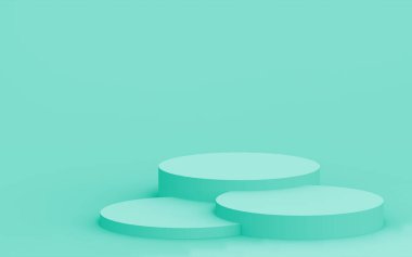 3D yeşil, parlak silindir podyum stüdyo arkaplanı. Soyut 3d geometrik şekil çizimi. Gıda için doğal ürün görüntüsü.