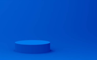 3D mavi silindir podyum minimum stüdyo arkaplanı. Soyut 3d geometrik şekil çizimi. Teknoloji ürünü için görüntüleme.