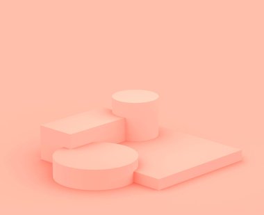 Soyut 3D pembe şeftali platformu minimum stüdyo arka planı. 3 boyutlu geometrik şekil çizimi. Kozmetik ve güzellik ürünleri için görünüm.