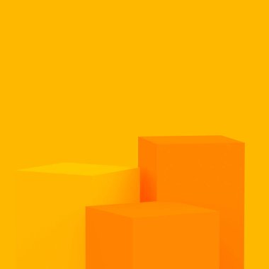 3D sarı turuncu renkli küp kare podyum minimum stüdyo arkaplanı. Soyut 3d geometrik şekil çizimi. Kozmetik moda ve yaz tatili ürünleri için görüntü. 